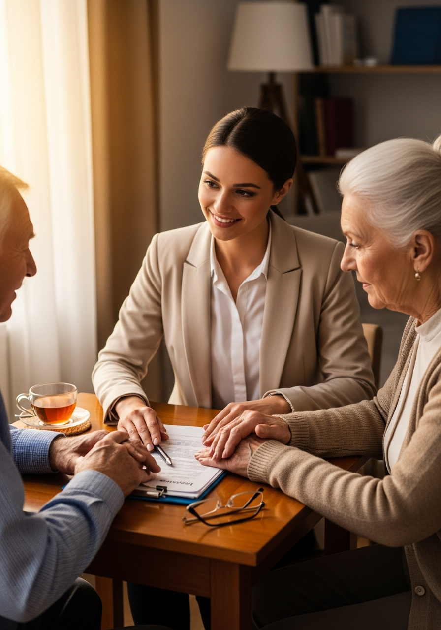 Agent helping elderly couple
